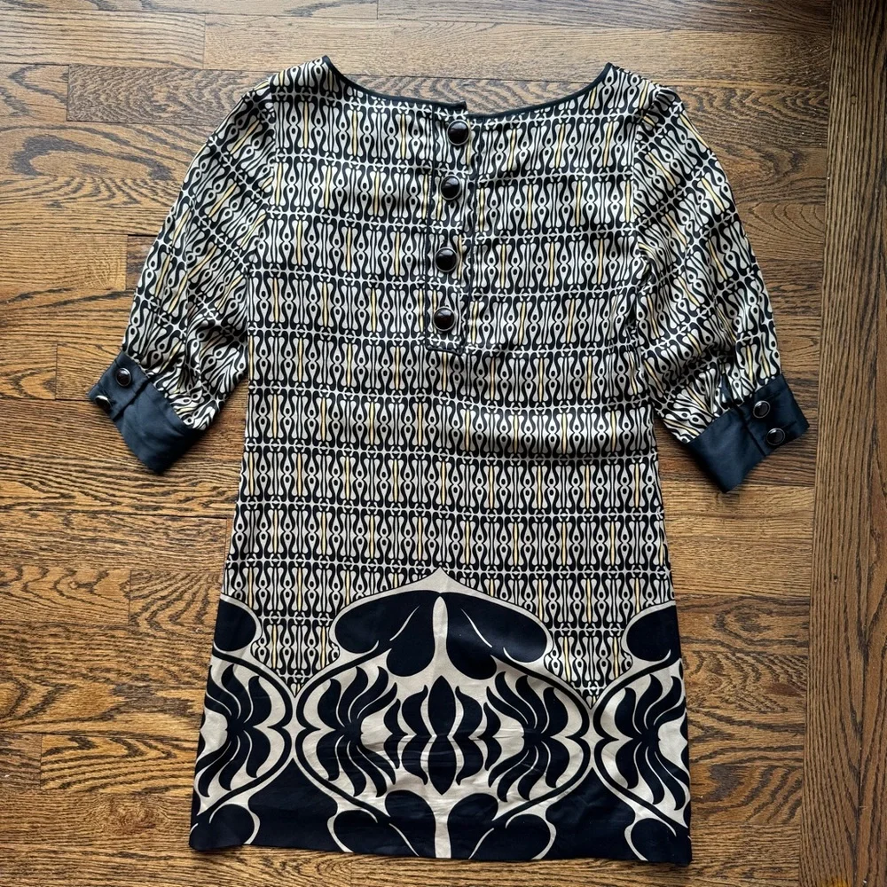 Claude Brown 100% Silk Black and Cream Patterned Women's Shift Dress 2 - Picture 12 of 13